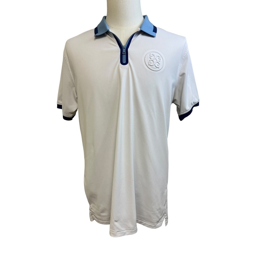 G Fore Zip Polo Shirt Mens Large Logo White Blue Golf Athletic Preppy Tennis